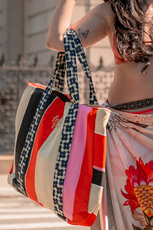 Colorinche Bag – large striped tote with floral-print handles